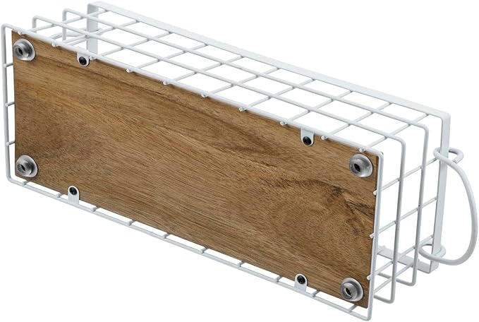 MyGift 13 and 12 Inch Nesting Storage Baskets with Handles, Wall Mounted or Tabletop White Metal Wire and Premium Acacia Wood Decorative Shelf Organizer Bins, 2 Piece Set-Ruum Studio Home