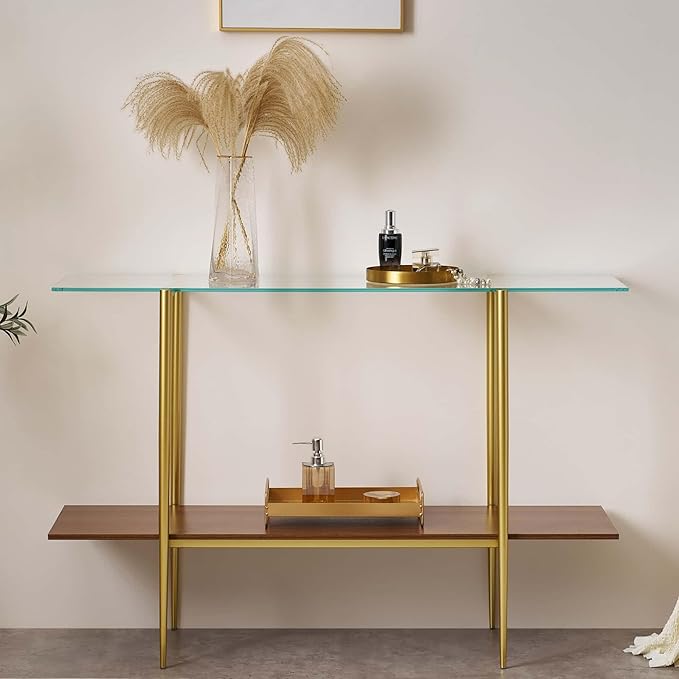 Extra Large Glass Console Table for Living Room, Foyer & Entrance, L47 x W16 x H31, Mid-Century Modern Sofa Table with Clear Glass Top, Walnut Finish Wood Top and Gold Finish Metal Frame-Ruum Studio Home