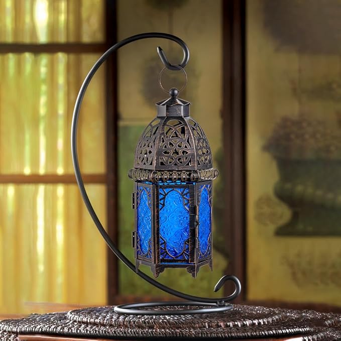 NEEDOMO Hanging Moroccan Lantern, 12.8'' Vintage Candle Holder, Metal Lanterns Decorative Indoor Outdoor, Table, Patio, Porch, Shelf, Gothic Home Decor (Blue, Large Size)-Ruum Studio Home