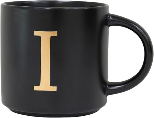 COLLECTIVE HOME - Monogram Ceramic Mugs, 15 oz Golden Initial Black Coffee Cups, Elegant Alphabet Tea Mugs, Elegant Personalized Mug with Gift Box, Unique Mug with Double Side Capital Lette (I)-Ruum Studio Home