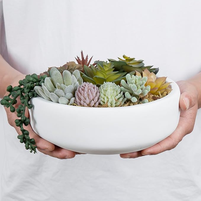 MyGift 8 Inch Round Modern Artificial Succulent Arrangement Potted in White Concrete Plant Bowl, Assorted Faux Mini Succulents in a Decorative Planter Pot-Ruum Studio Home