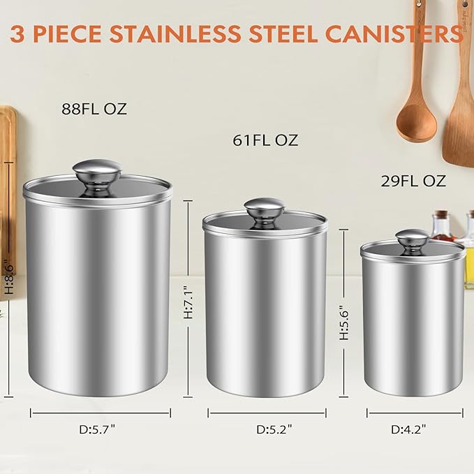 ENLOY Stainless Steel Food Storage Container Set of 3, 88/61/29 oz with Clear Glass Lids - Ideal for Coffee, Tea, Sugar, Flour Canisters-Ruum Studio Home