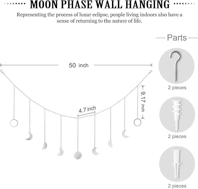 Mkono Moon Phase Wall Hanging Boho Aesthetic Room Decor Metal Moons Garland Hanging Art Bohemian Home Decoration for Girls Room Nursery Bedroom Livingroom Dorm, Ideal, Silver, 50"-Ruum Studio Home