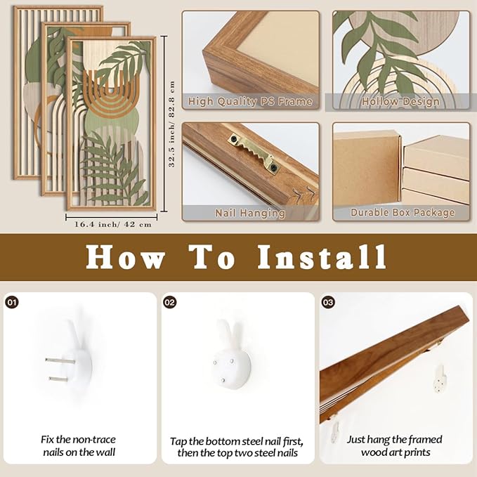 IARTTOP Large Boho Wood Wall Art Framed Mid-century Modern Wooden Wall Decor Set of 3 Green Bohemian Abstract Wall Art Decor For Bedroom Living Room Office-16 x32-Ruum Studio Home