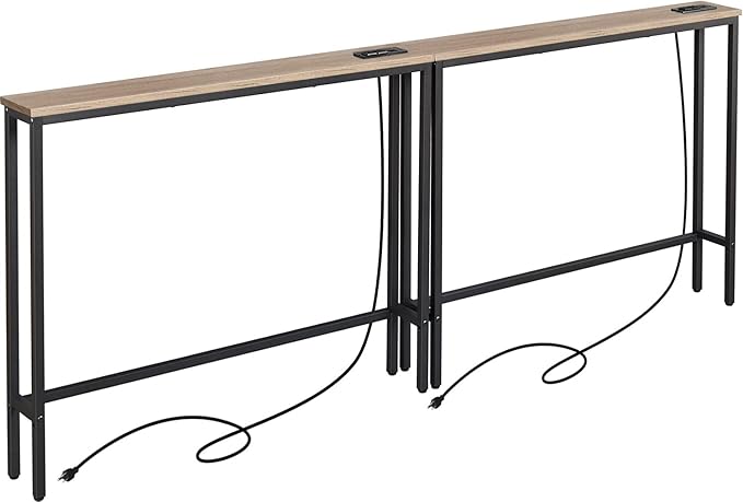 ELYKEN 2 Pack 5.9" Narrow Console Sofa Table with Power Outlets, 5.9" Dx39.4 Wx31.1 H Long Couch Table with Metal Frame and Charge Station with 6.5’ Extension Cord, White Oak-Ruum Studio Home