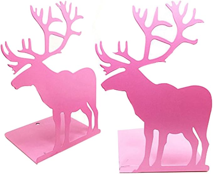 Winterworm Fashion Creative Cartoon Cute Iron Elk Moose Pattern Nonskid Metal Office Desk Bookends (Pink)-Ruum Studio Home