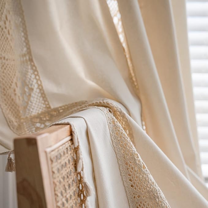Sutuo Home Boho Curtain Crochet Lace Patchwork Semi-Blackout Bohemian Handmade Tassels, Rod Pocket Window Treatment Vintage Rustic Farmhouse Drapes for Bedroom, 1 Panel 59" W x 96" L, Beige-Ruum Studio Home