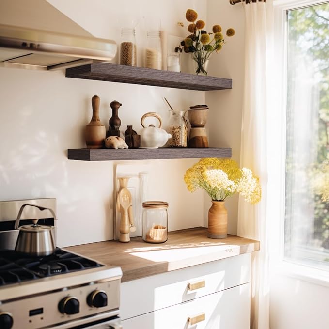 LaVie Home Floating Shelves, 24 Inch Wall Shelf Set of 2, Hanging Shelf with Invisible Brackets, Wall Decor for Bathroom, Bedroom, Living Room, Kitchen Storage, Rustic Brown-Ruum Studio Home