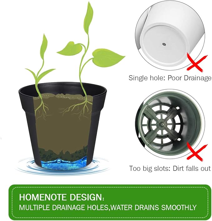 homenote Pots for Plants, 8 Pcs 7.5 Inch Plastic Planters with Multiple Drainage Holes and Tray - Plant Pots for All Home Garden Flowers Succulents, Matte Black-Ruum Studio Home