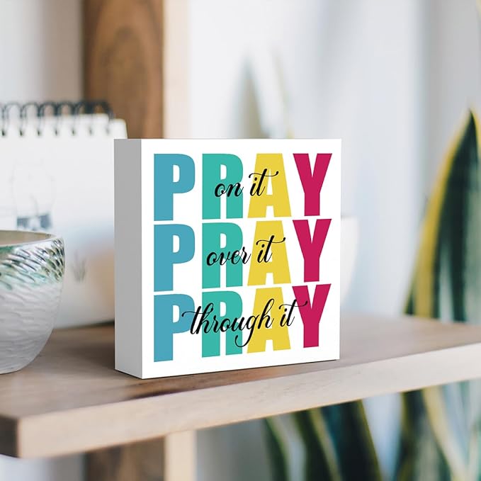 Office Decor for Women Christian Gifts Desk Bedroom Bible Verse Wall Art Inspirational Wooden Box - Pray on It Over It Through It-Ruum Studio Home