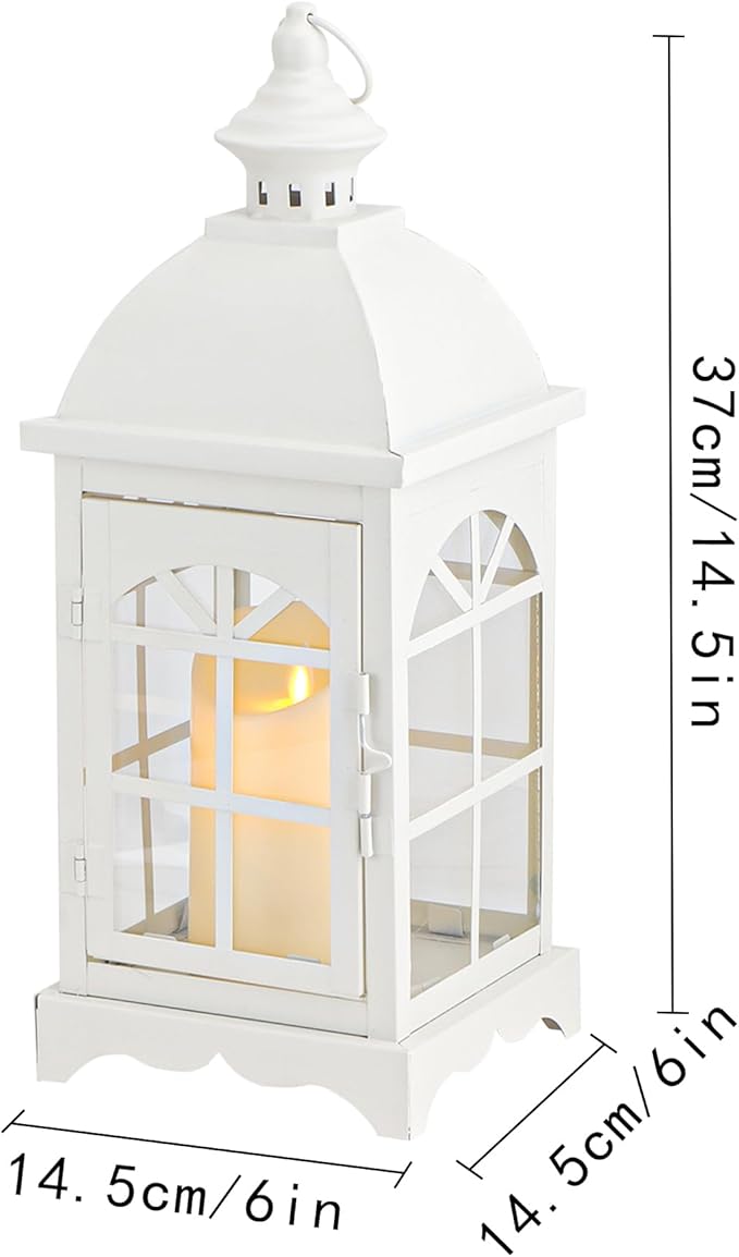TRIROCKS Decorative Vintage Candle Lanterns 14.5" H Farmhouse Outdoor Hanging Lanterns with Tempered Glass for Porch, Balcony, Patio, Home, Centerpieces, Indoor, Outdoor(White)-Ruum Studio Home