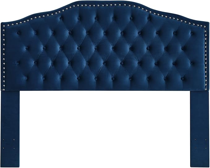 24KF Upholstered Button Tufted Queen Headboard with Nailhead Trim, Soft Velvet Fabric Headboard Queen/Full WM-6031-Q-NAVY-Ruum Studio Home