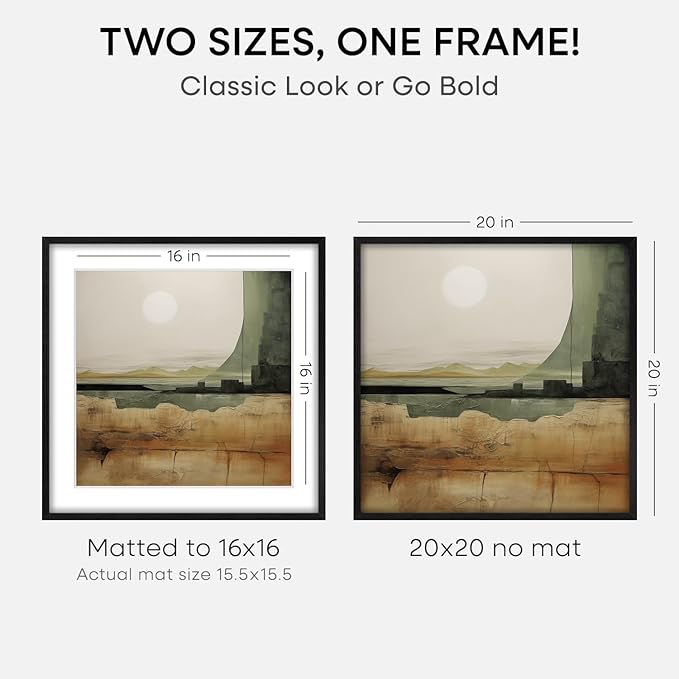 Homeforia 20x20 Black Wood Frame, High End Oak 20 x 20 Square Picture Frames with Mat 16 by 16 inches Photo, 20by20 Black Wooden Poster Frames Matted to 16x16 Print, Tempered Glass, Wall Kit, Set of 1-Ruum Studio Home
