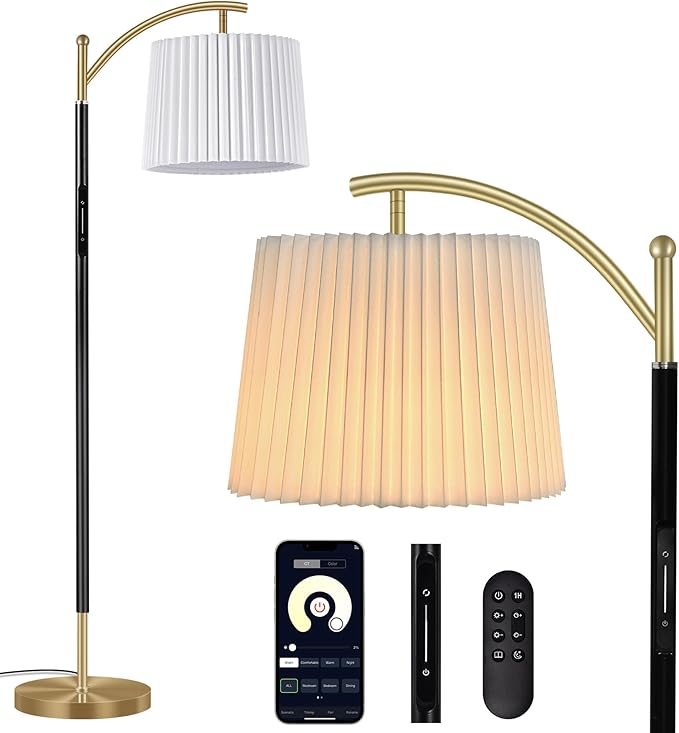 Floor Lamp, LED Floor Lamp with APP & Remote & Touch Control, Stepless Color Temperatures and Brightness, Tall Standing Lamp with Pleated Lampshade for Living Room, Bedroom, Office(Black Gold)-Ruum Studio Home