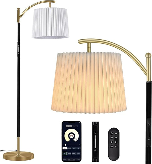 Floor Lamp, LED Floor Lamp with APP & Remote & Touch Control, Stepless Color Temperatures and Brightness, Tall Standing Lamp with Pleated Lampshade for Living Room, Bedroom, Office(Black Gold)-Ruum Studio Home