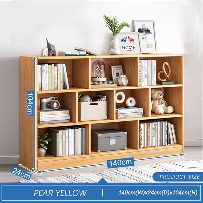IOTXY Open Shelf Low Bookcase - Wooden 3-Tier Floor Standing Display Cabinet Organizer with Base, 10 Cubes Short Horizontal Bookshelf in Pear Yellow-Ruum Studio Home