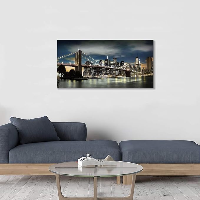 Brooklyn Bridge Canvas Wall Art: Skylines Reflections in New York Artwork for Office Living Rooms(40”x20”)-Ruum Studio Home
