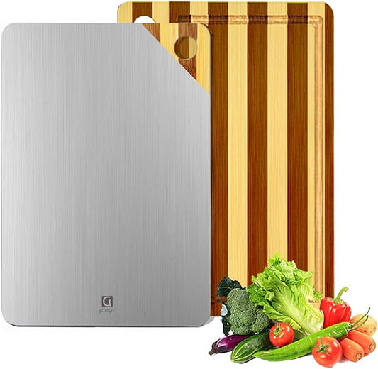 Titanium Cutting Board for Kitchen, Cutting Board Double Sided Food Grade, Pure Titanium and Natural Bamboo, with Deep Juice Grooves, Large Size 15.6”×11”-Ruum Studio Home