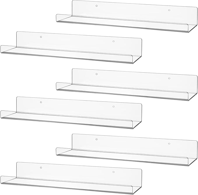 6 Pack Clear Acrylic Floating Shelves for Wall, 15'' Plastic Wall Mounted Display Shelf Kids Bookshelf and Spice Organizer for Bedroom, Living Room, Kitchen, Bathroom, Office-Ruum Studio Home