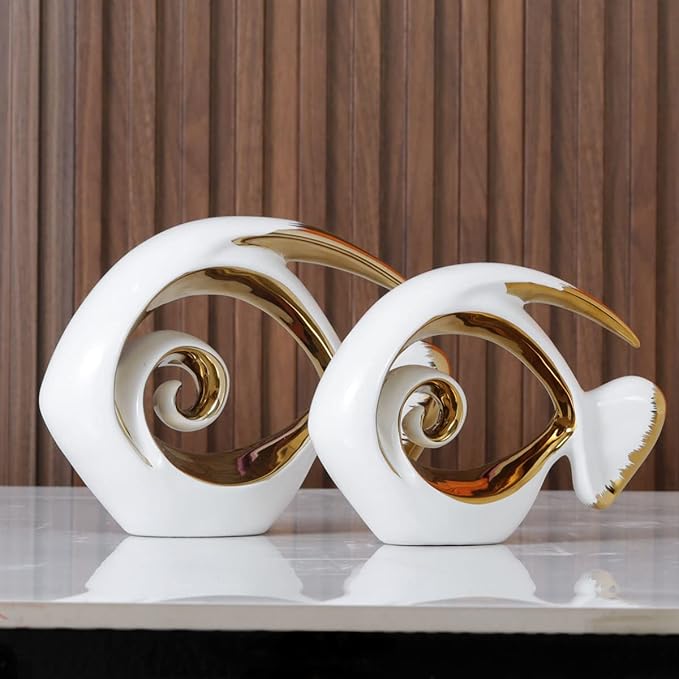 White Gold Ceramic Fish Figurines - Coastal Home Decor, Modern Ocean Centerpieces for Living Room, Dining Area, Bathroom, Office, Coffee Table, Beach House, Nautical, Seaside, Entrance, Shelf Display-Ruum Studio Home