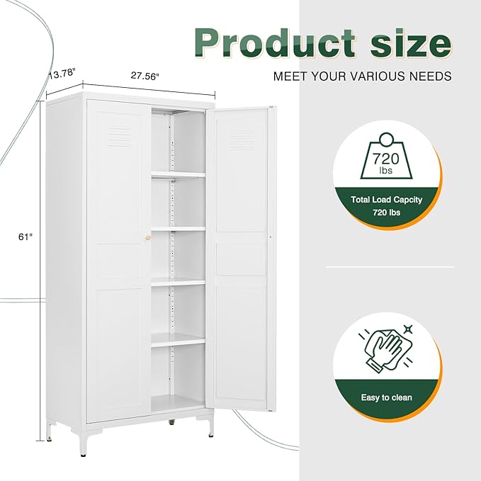 Letaya White Storage Cabinet with Feets-Metal Home Kitchen Pantry Cabinets with Doors and Adjustable Shelves,Organization Locker for Cupboard/Bedroom/Dining/Living/Bathroom/Office/Garage Room (White)-Ruum Studio Home