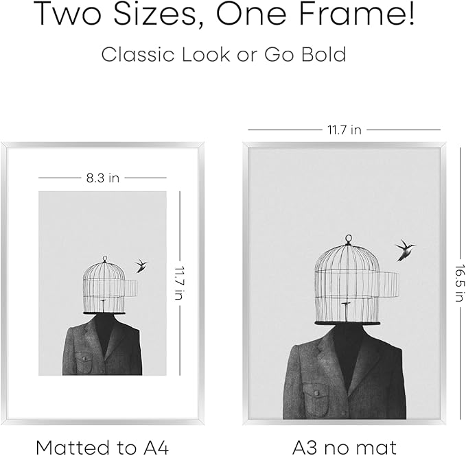 Homeforia A3 Picture Frame Silver, High End Metal 11.7 x 16.5 inch Poster Frames with Mat 8.3 by 11.7 for Photo, A3 Size Frames Matted to A4 Art, 11.7x16.5 Wall Hanging Frame, Tempered Glass, Set of 1-Ruum Studio Home