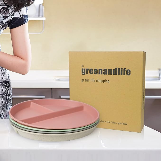 greenandlife 9 Inch (4PCS) Unbreakable Divided Plates for Kids Adults, Dishwasher & Microwave Safe Compartment Plate, Lightweight Reusable Plastic Portion Control Plates, BPA Free and Healthy-Ruum Studio Home