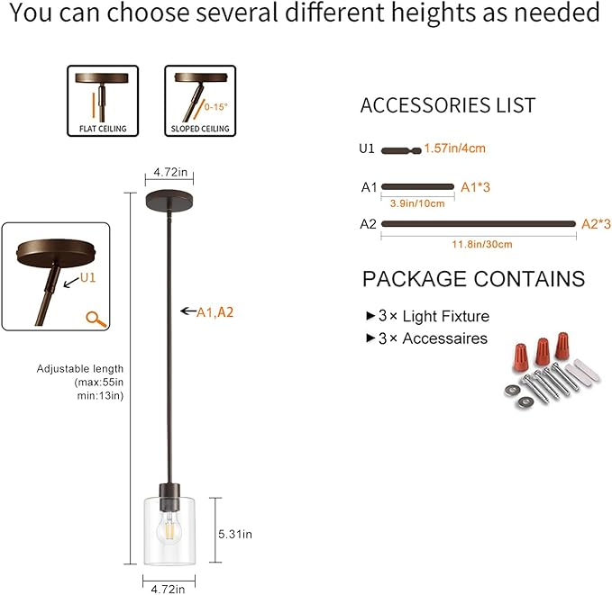 Oil Rubbed Bronze Pendant Lights Kitchen Island - Clear Glass Pendant Light Fixture Multiple Stems Rods 3 Units 12 Inch 3 Units 4 Inch (3 Pack Oil Rubbed Bronze Downrod)-Ruum Studio Home