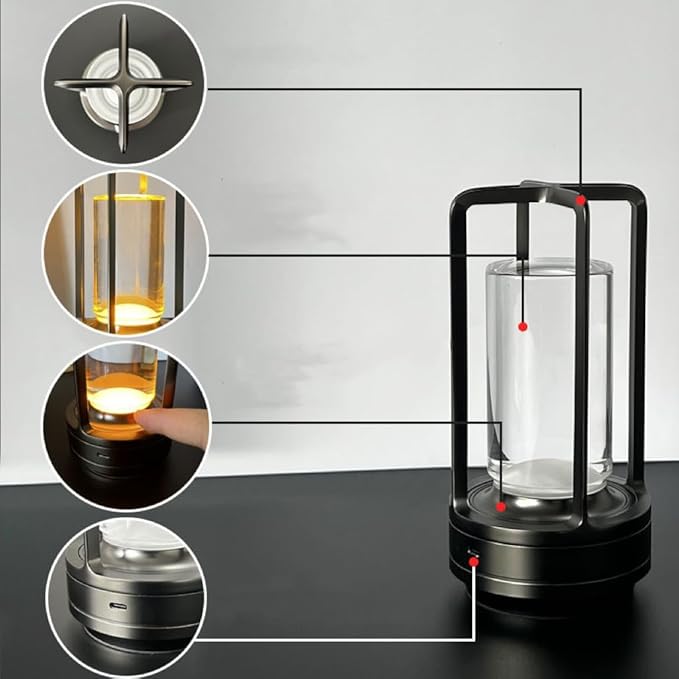 Portable Metal Table Lamp for Indoor/Outdoor ,Rechargeable Cordless LED Lamp, 3-Colour Infinitely Dimming Battery Powered Small Desk Lamp, Restaurant/Bedroom/Bar/Coffee Shop/Camping Light (Black)-Ruum Studio Home
