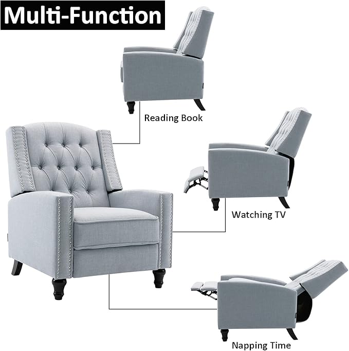 Fabric Push Back Recliner Chair Mid Century Tufted Single Comfy Reading Sofa Chair for Living Room/Bedroom/Home Theatre, Grey-Ruum Studio Home