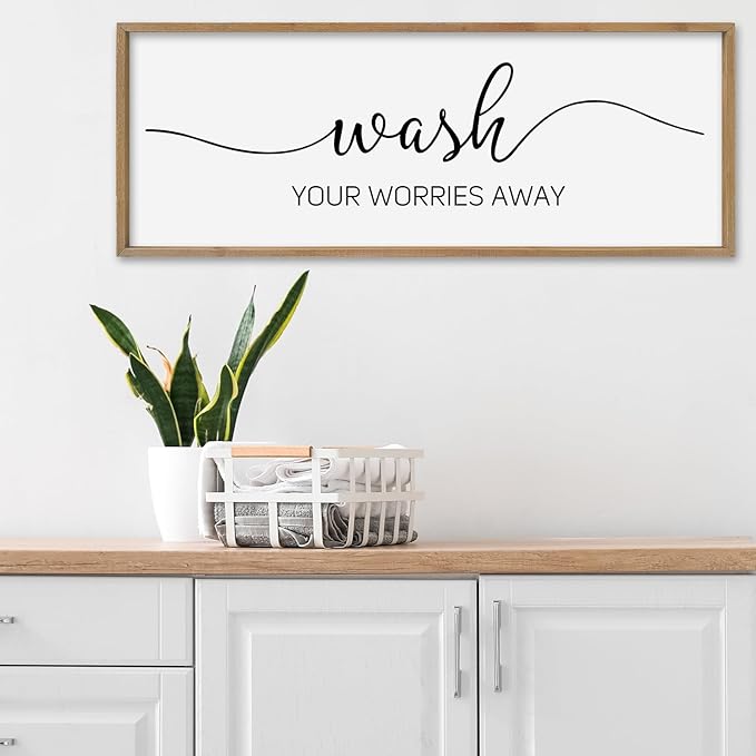 SRSZHIYUE Wash Your Worries Away Bathroom Sign Wall Art 40"x15" Funny Restroom Toilet Large Wood Framed Hanging Decor (Wood)-Ruum Studio Home