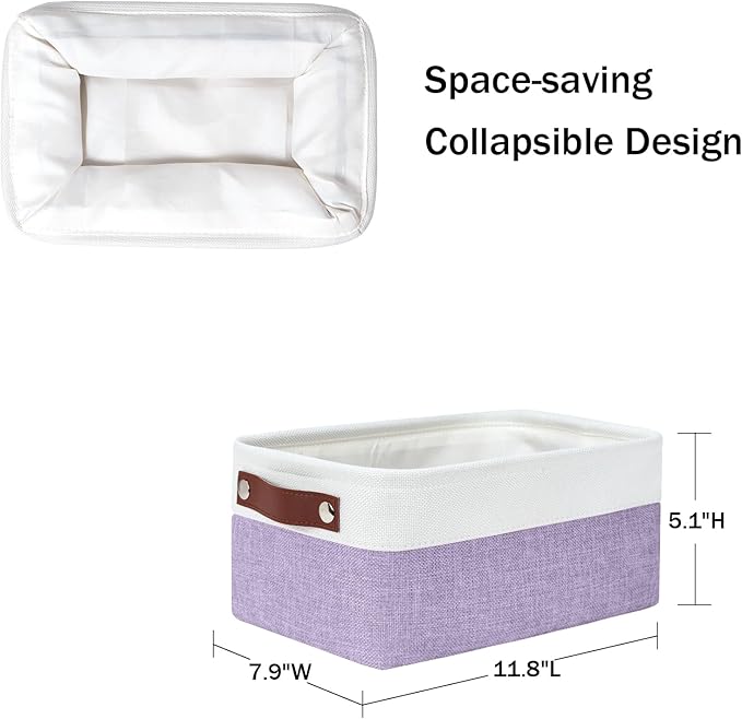 DULLEMELO Small Storage Baskets 6 Pack, Fabric Collapsible Gift Storage Baskets for Shelves, Closets, Nursery, Home, Office Organizing,Small Canvas Linen Rectangular Storage Bins (White&Purple)-Ruum Studio Home