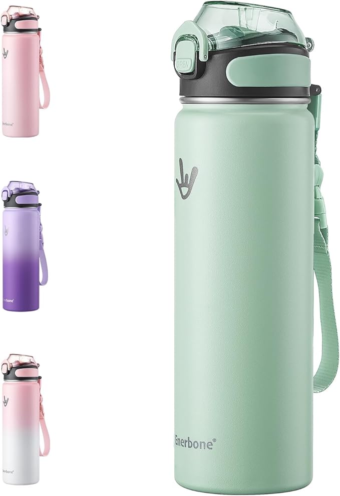Enerbone 24 oz Insulated Water Bottle, Stainless Steel Bottle with Carrying Strap, Double-Wall Vacuum Insulation Design, Leakproof Sports Bottle with Straw, Keep Drinks Cold or Hot for Hours-Ruum Studio Home
