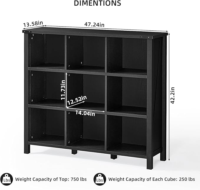 9 Cube Bookcase, Farmhouse 47 Inch Wide Black Bookshelf, Wooden 3 Tier Display Large Open Book Shelf, Vintage Horizontal Book Case for Home Office, Cubby Storage Cabinet for Living Room-Ruum Studio Home