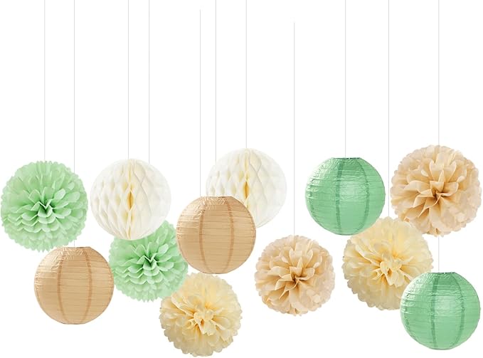 Sage Green-Boho Party-Decorations Paper-Flowers Lanterns - 15PCS Safari Rustic Neutral Baby Shower Tissue Pom Poms Streamers, Champagne Gold Birthday Wedding Graduation Hanging Supplies Decor Hugfond-Ruum Studio Home