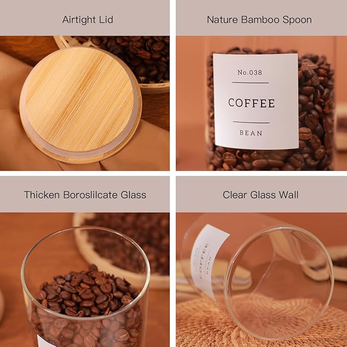 6-Pack Borosilicate Glass Storage Jars with Bamboo Lids + 132 Pre-Printed Pantry Labels Included, BPA-Free Thicken Airtight Containers for Flour, Sugar, Rice, Microwave & Freezer Safe(100OZ/54OZ/27OZ)-Ruum Studio Home