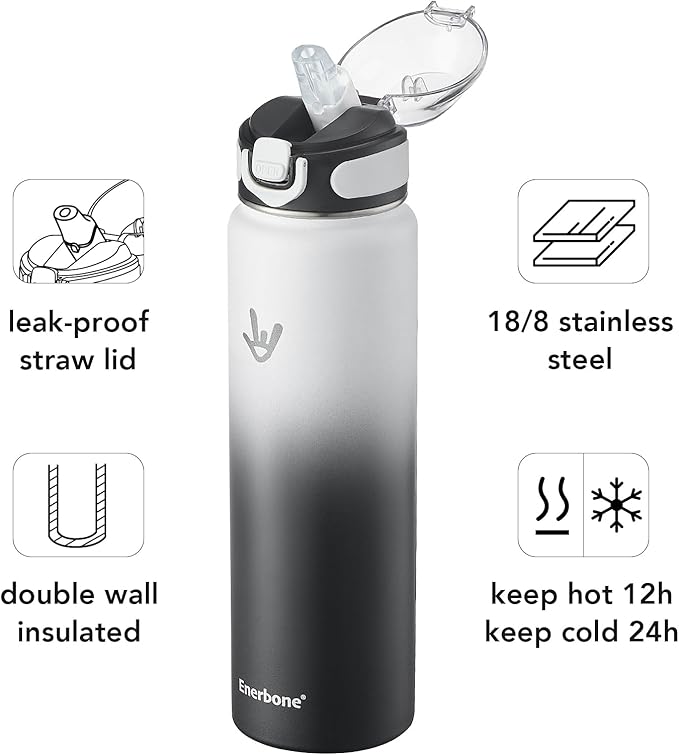 Enerbone 32 oz Insulated Water Bottle, Stainless Steel Bottle with Carrying Strap, Double-Wall Vacuum Insulation Design, Leakproof Sports Bottle with Straw, Keep Drinks Cold or Hot for Hours-Ruum Studio Home
