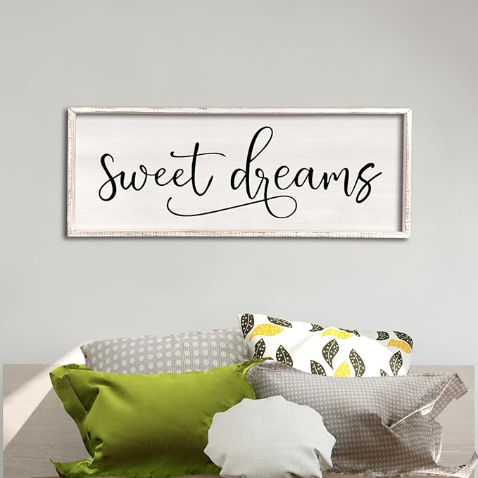 comurdyo Sweet Dreams Wall Decor Above Bed Sign 40" x 15" Master Bedroom Wooden Antique Framed Large Rustic Farmhouse Guest Room Beautiful Simple Hanging Plaque Over Bed Wall Art (White)-Ruum Studio Home