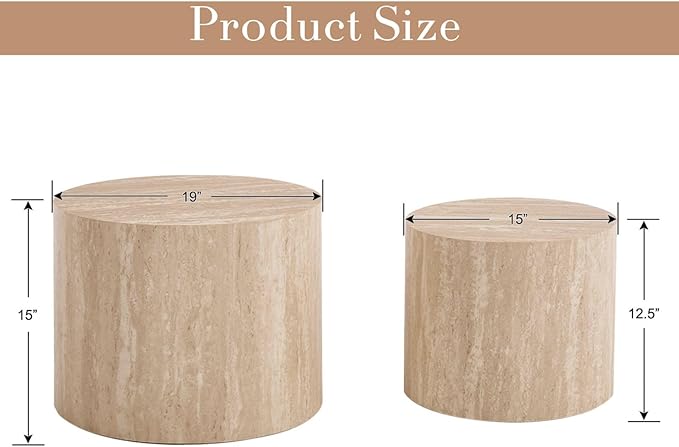 CIMOTA Round Wood Nesting Coffee Table Set of 2, Modern Circle Travertine End Side Table Sets for Living Room, Light Wooden Color/No Assembling-Ruum Studio Home
