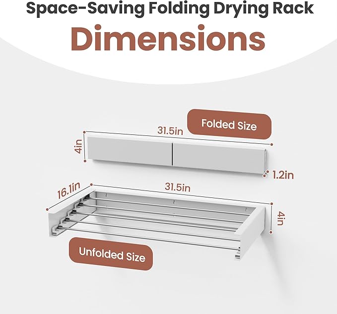 Foldable Wall-Mounted Drying Rack, Heavy-Duty 60 lb Capacity – Space-Saving Folding Laundry Hanger with 10 Clips, Rust-Proof Aluminium Clothes Dryer for Indoor & Outdoor Use-Ruum Studio Home