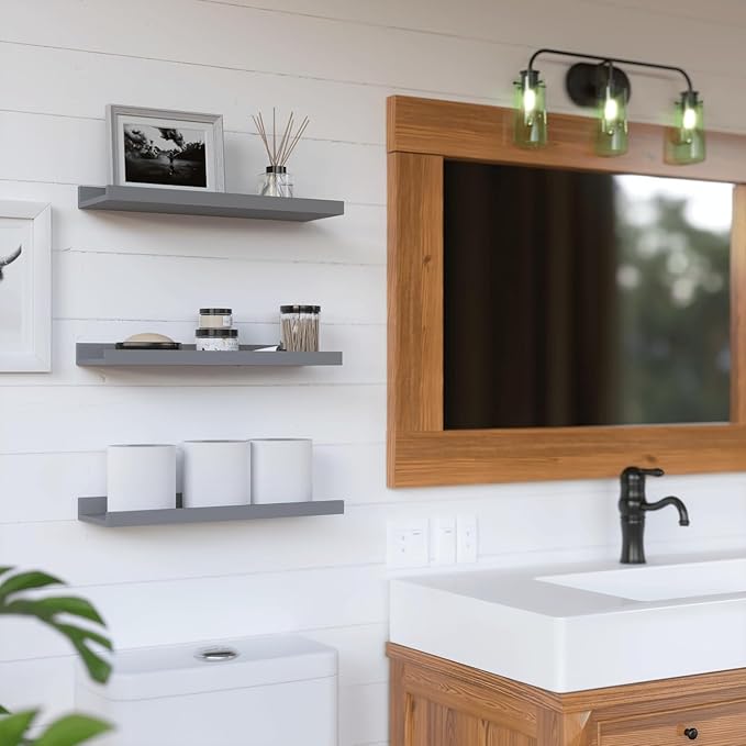 RICHER HOUSE 3 Set Floating Shelves for Wall, Black Wall Mounted Shelves with Lip for Storage, Display Picture Ledge Shelf for Bedroom Bathroom Kitchen Living Room Decor, Modern Grey-Ruum Studio Home