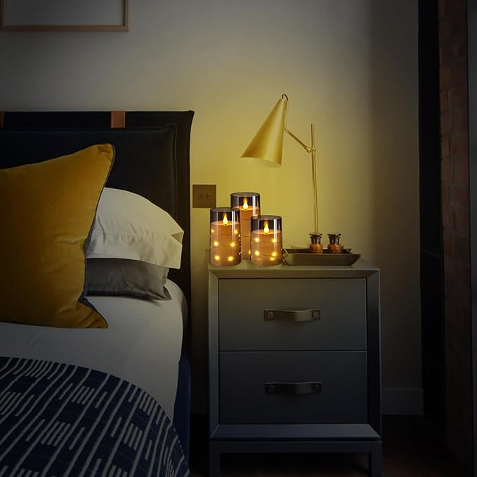NURADA Flickering Flameless Candles: Built-in Star String Lights Unbreakable 3D Wick Acrylic Battery Operated LED Pillar Candles with Remote and Timer for Romantic Mood Home Decoration - 3 Pack Gray-Ruum Studio Home