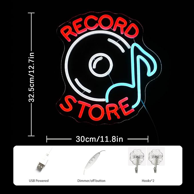 Record Store Neon Sign Music Neon Signs for Wall Decor Letter Neon Light Record Player Sign Live Music Neon Light Sign for Bar Concern Studio Decor(Red white)-Ruum Studio Home