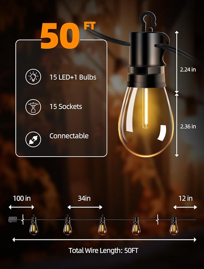 Outdoor Patio String Lights: S14 Shatterproof Bulb Outside Waterproof Light - 50Ft 15M Remote Dimmable Connectable Hanging Outdoor Electric Lighting - Garden Backyard Yard Gazebo Porch Party-Ruum Studio Home