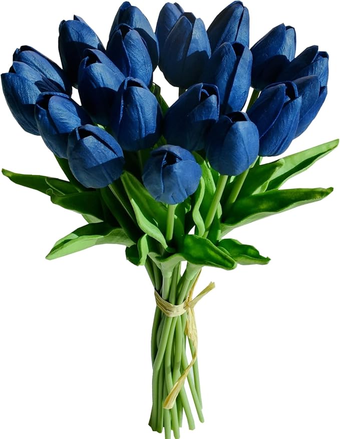Mandy's Artificial Tulips 20 Stems Navy Blue PU Faux Flowers for Wedding Home Decor 13.5 Inch-Ruum Studio Home