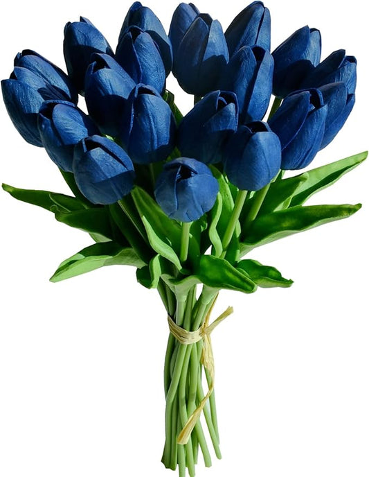 Mandy's Artificial Tulips 20 Stems Navy Blue PU Faux Flowers for Wedding Home Decor 13.5 Inch-Ruum Studio Home
