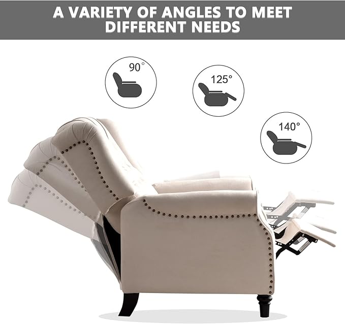 CANMOV Push Back Recliner Chair Set of 2, Elizabeth Fabric Recliner with Tufted Back Home Theater Seating w/Padded Seat and Nailhead Trim, Wooden Legs, Adjustable Single Sofa，White-Ruum Studio Home