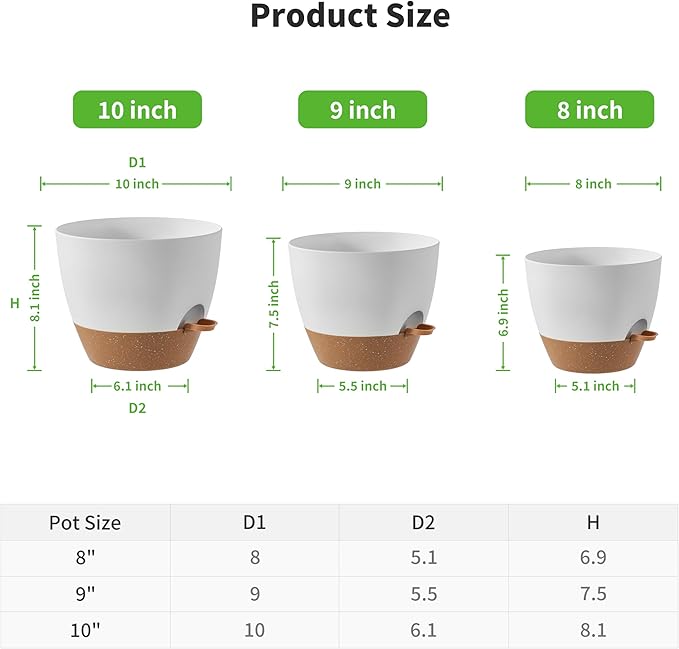 FaithLand 3-Pack Planter Pots, 10 9 8 Inch Self Watering Flower Pots for Indoor Outdoor Garden Plants, White with Brown-Ruum Studio Home