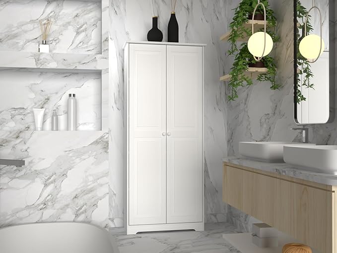 Pantry Cabinet Storage Cabinet with 2 Doors Solid Wood - Adjustable Shelves for Kitchen, Dining Room, or Utility Room Organization-Ruum Studio Home