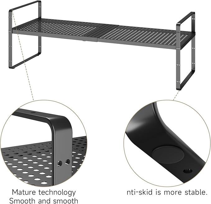 Hole Pattern Expandable Shelf Organizer,2Pack 8.1" Wide Easy to Assemble Cabinet Organizer Shelf, 16.5~27.1" Adjustable Height&Stackable Spice Organization for Cupboard, Black-Ruum Studio Home